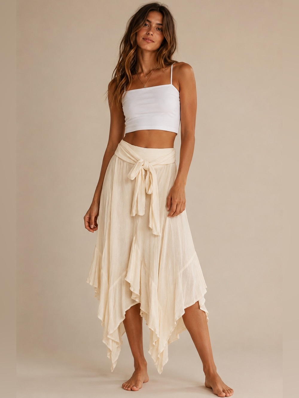 Madeline & Monroe Cream Midi Skirt with Tie Waist